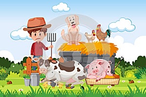 Farm scene with famer and animals on the farm