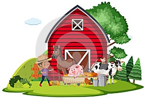 Farm scene with farmboy and many animals on the farm