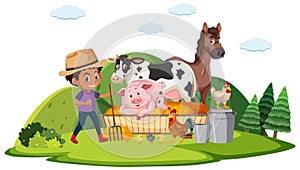 Farm scene with farmboy and many animals on the farm