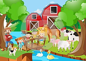 Farm scene with farmer and children by the river