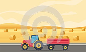 Farm scene with field and haystacks at sunset. Tractor with hay bales in cart. Rural landscape. Agriculture and farming concept.