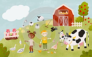Farm scene landscape with children, barn, farm animals, fields, trees. Cartoon farming horizontal banner. Kids farmers