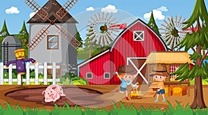 Farm scene with many kids cartoon character and farm animals