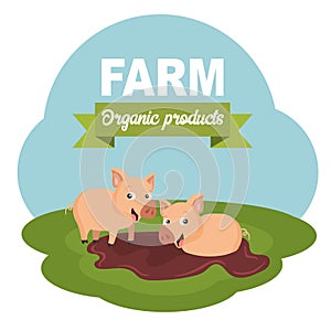 Farm scene organic products label. Flat vector illustration