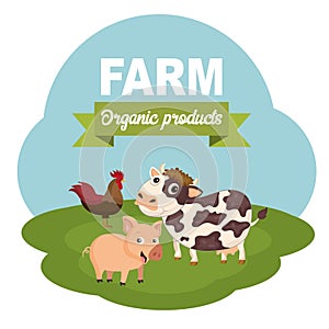 Farm scene organic products label. Flat vector illustration