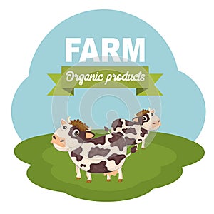 Farm scene organic products label. Flat vector illustration