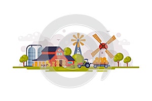 Farm Scene with Red Barn House, Windmill and Wind Turbine, Summer Rural Landscape, Agriculture and Farming Concept