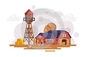 Farm Scene with Red Barn and Wooden Water Tower at Autumn Rural Landscape, Agriculture and Farming Concept Cartoon