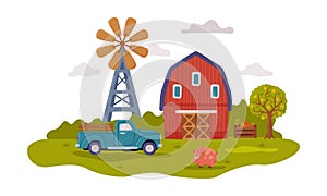 Farm Scene with Red Farmhouse, Tractor and Windmill, Agriculture, Gardening and Farming Concept Cartoon Style Vector