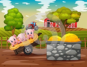 Farm scene with three little pigs on the cart