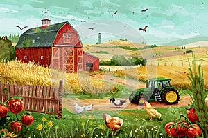 Farm Scene With Tractor and Chickens