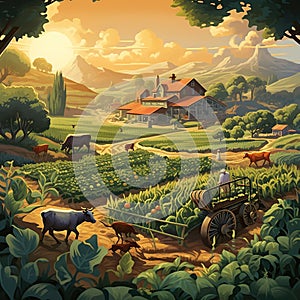 A farm scene with a variety of crops and animals Generative AI