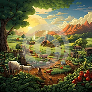 A farm scene with a variety of crops and animals Generative AI