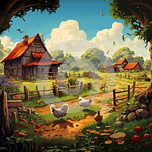 A farm scene with a variety of crops and animals Generative AI