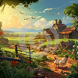 A farm scene with a variety of crops and animals Generative AI