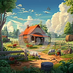 A farm scene with a variety of crops and animals Generative AI