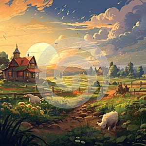 A farm scene with a variety of crops and animals Generative AI