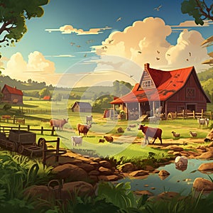 A farm scene with a variety of crops and animals Generative AI