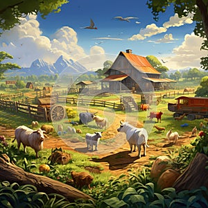 A farm scene with a variety of crops and animals Generative AI