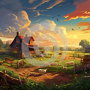 A farm scene with a variety of crops and animals Generative AI