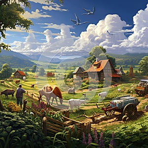 A farm scene with a variety of crops and animals Generative AI