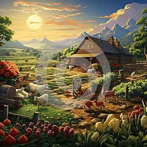 A farm scene with a variety of crops and animals Generative AI