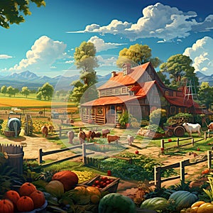 A farm scene with a variety of crops and animals Generative AI