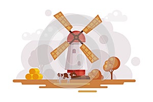 Farm Scene with Vintage Windmill at Autumn Rural Landscape, Agriculture and Farming Concept Cartoon Vector Illustration