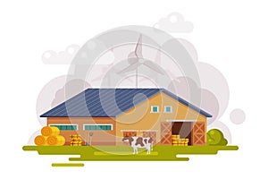 Farm Scene with Wooden Barn, Wind Turbine and Grazing Cow at Rural Landscape, Agriculture and Farming Concept Cartoon