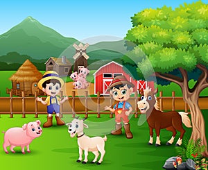 Farm scenes with different animals and farmers in the farmyard