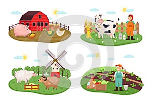 Farm scenes. Rural nature farming and animal husbandry, agricultural compositions with growers man and woman, poultry