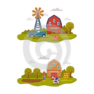 Farm scenes set. Farmhouse, livestock, windmill and farmer on summer rural landscape cartoon vector illustration