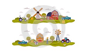 Farm scenes set. Rural buildings, livestock and machinery on summer rural landscape cartoon vector illustration