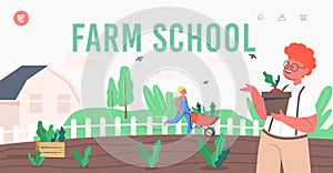 Farm School Landing Page Template. Children Farmer or Cottager Characters Working in Garden Planting Sprouts to Ground