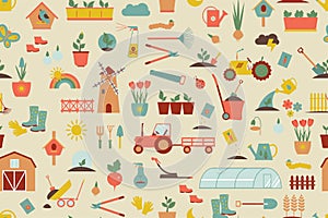 Farm seamless pattern of agriculture. Plants and gardening tools. Plant planting and plant care. Flower business. Agricultural