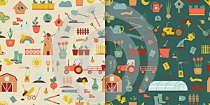 Farm seamless pattern of agriculture. Plants and gardening tools. Plant planting and plant care. Flower business. Agricultural