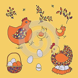 Farm set: chicken, chicks, basket with eggs, nest, twigs with le