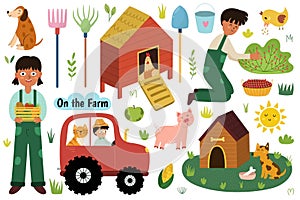 On the farm set with cute animals and kids farmers. Countryside life elements collection