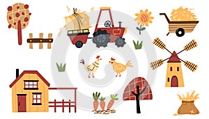 Farm set. Rural houses, windmill, tractor with hay, chickens, trees and crops. Agriculture collection, rural elements.