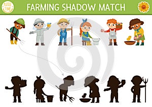 Farm shadow matching activity with cute kid farmers. Country village puzzle with beekeeper, market vendor, dairymaid. Find correct