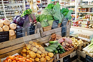 Farm shop interior with vegetables