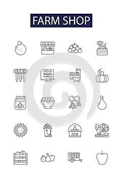 Farm shop line vector icons and signs. Shop, Agriculture, Produce, Livestock, Animals, Plants, Fruits, Vegetables