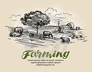 Farm sketch. Rural landscape, agriculture, farming vector illustration
