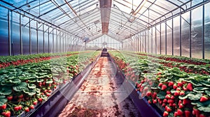 Farm strawberries grow in greenhouse. Modern industrial way of growing vegetables and fruits. Generative AI