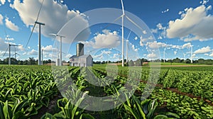 A farm surrounded by wind turbines harnessing the power of the wind to produce sustainable energy. photo