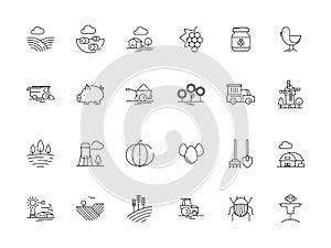 Farm symbols. Rural field landscape agricultural objects mill tractor wheat trees vector outline graphics