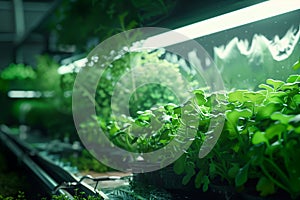 Farm Technology indoor organic hydroponic fresh green vegetables. Sustainable agriculture for future food.