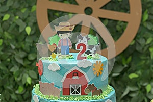 Farm theme boy birthday cake. Beautiful decorated cake. Farmer, barn, donkey, cow and chicken. Selective focus. 2 year anniversary