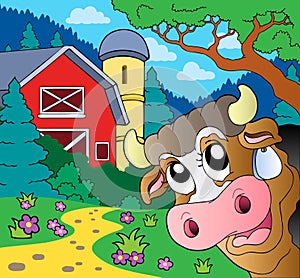 Farm theme with lurking cow