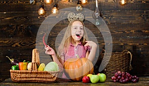 Farm themed games and activities for kids. Girl kid at farm market with fall harvest. Child little girl celebrate